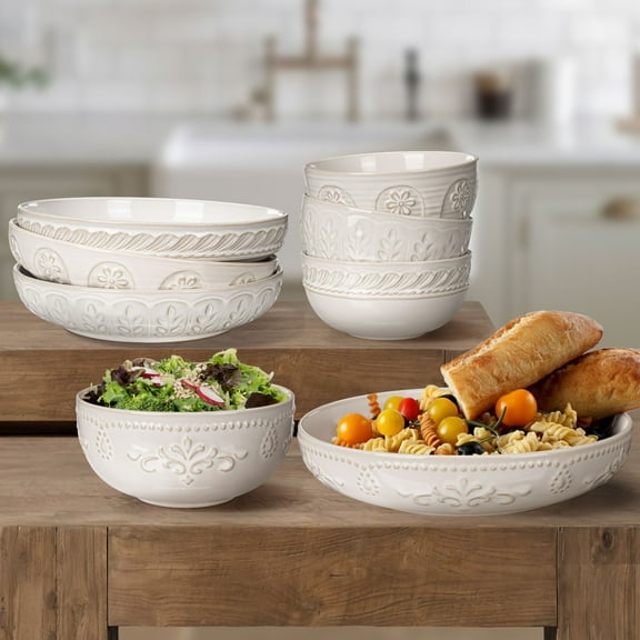 Artena 8-Piece Ceramic Dinnerware Set, 4pcs 9.75 Large Pasta Bowls + 4pcs 6.3 Soup Bowls, Embossment Collection, White