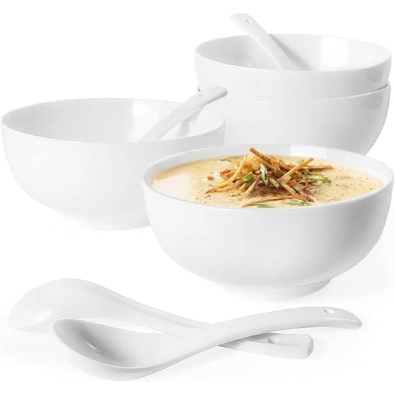 Artena Soup Bowls & Spoons, 26 OZ Cereal White Ceramic Pho Bowl And Spoon Set for Ramen, Breakfast, Kitchen, Of 4, 6 inch Dishwasher Microwave Safe
