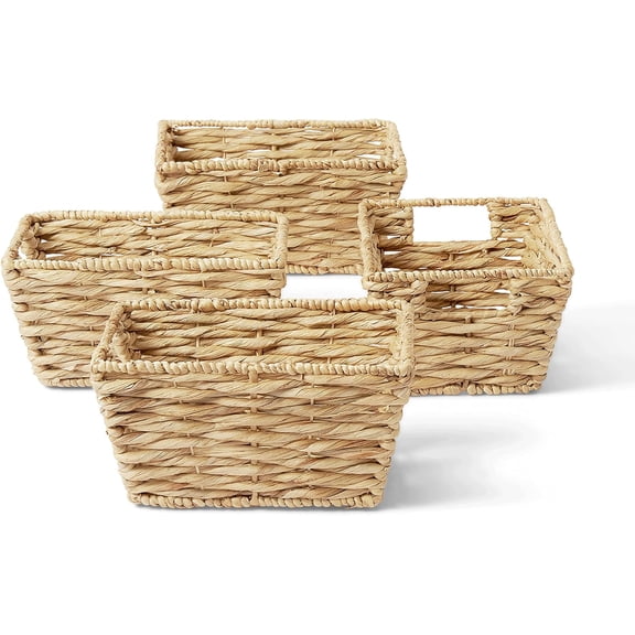 Artera Wicker Storage Baskets - Woven Hyacinth Basket for Organizing, Stackable Natural Storage Bins with Handles for Laundry Room, Bathroom, Pantry, Closet, Shelf, 12"x9"x6", Pack 4