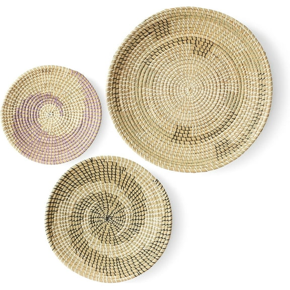 Artera Wicker Wall Decor - Set of 3 Oversized, Hanging Natural Woven Seagrass Flat Baskets, Round Boho Wall Art for Living Room or Bedroom, Unique (Style 2)