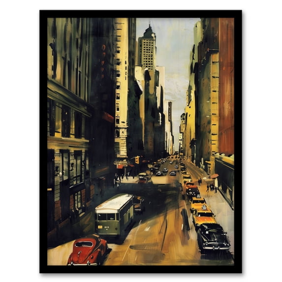 Artery8 5th Avenue 1950s Painting Vintage Cars New York Living Room Artwork Framed Wall Art Print A4