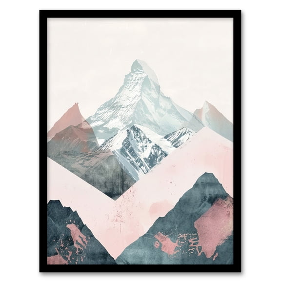 Artery8 Abstract Baby Pink Blue Snowcapped Mountain Range Living Room Artwork Framed Wall Art Print A4