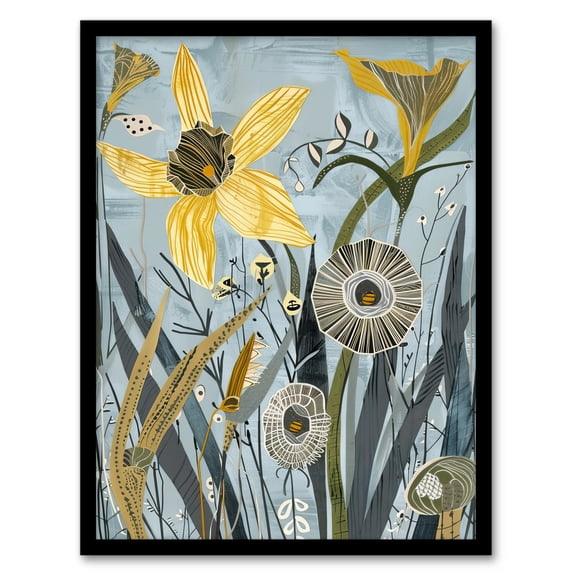 Artery8 Abstract Daffodils Bloom Rustic Artwork Spring Living Room Artwork Framed Wall Art Print A4