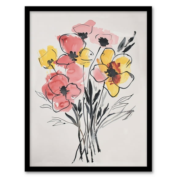Artery8 Abstract Flower Bouquet Pastel Yellow Pink Floral Living Room Art Print Framed Poster Wall Decor 12x16 inch