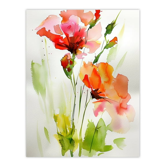 Artery8 Abstract Flowers Red Green Watercolour Painting Living Room Large Wall Art Poster Print Thick Paper 18X24 Inch