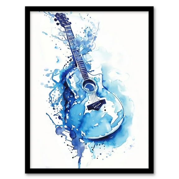 Artery8 Abstract Music Guitar Blue Watercolour Splat Living Room Art Print Framed Poster Wall Decor 12x16 inch