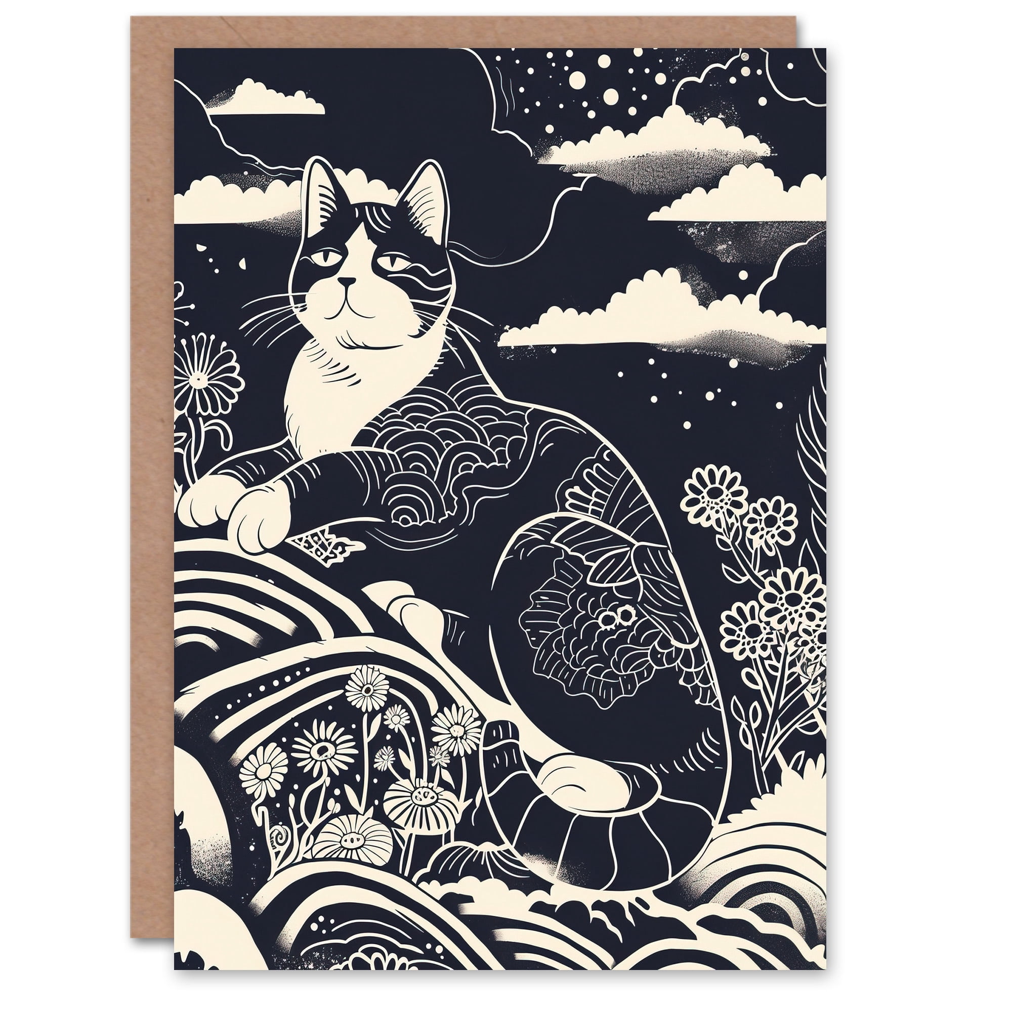 Black Cat Lover Pet Hiding in Garden Flowers Animal Greeting Card - Grocer