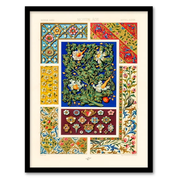 Artery8 Albert Racinet Vintage Floral Middle Ages Patterns Framed Wall Art Print Home Décor A4