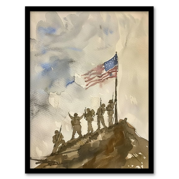 Artery8 American Flag Soldiers Iwo Jima WWII Watercolour Man Cave Artwork Framed Wall Art Print A4