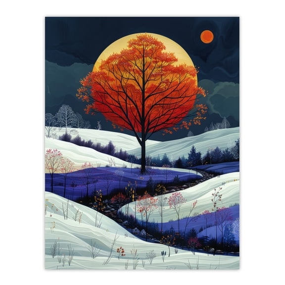 Artery8 Autumn Tree at Night by Moon Painting Dream Snow For Living Room Unframed Wall Art Print Poster Home Decor
