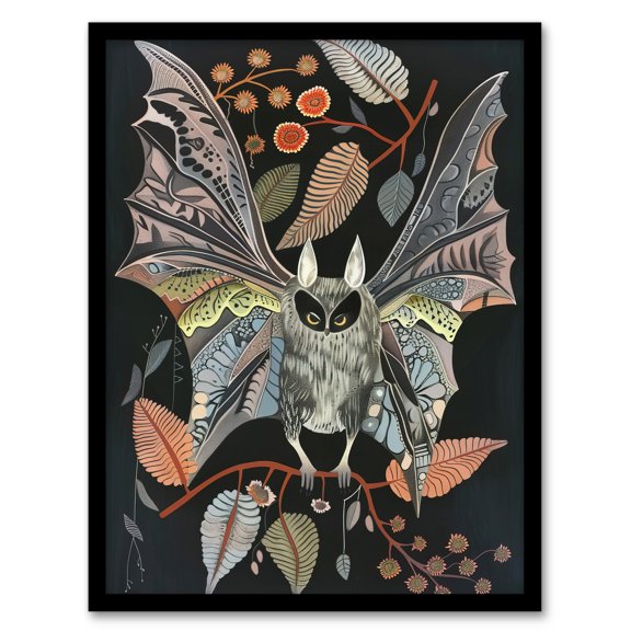 Artery8 Bat Flight Night Patterns Rustic Botanical Living Room Art Print Framed Poster Wall Decor 12x16 inch