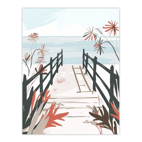 Artery8 Beach Trail Soft Pastel Red Blue Boho Floral Bathroom Toilet Unframed Wall Art Print Poster Home Decor Premium