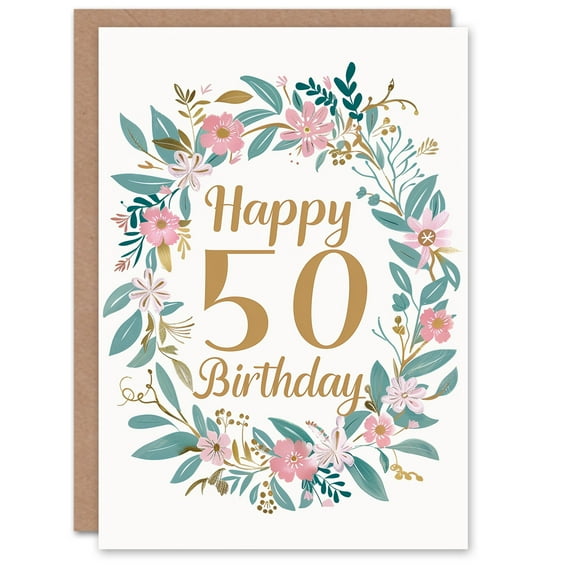 Artery8 Birthday Card Bright Vintage Floral Watercolour Design 50th Age 50 Years Old For Her Woman Wife Sister Niece Daughter Greeting Card