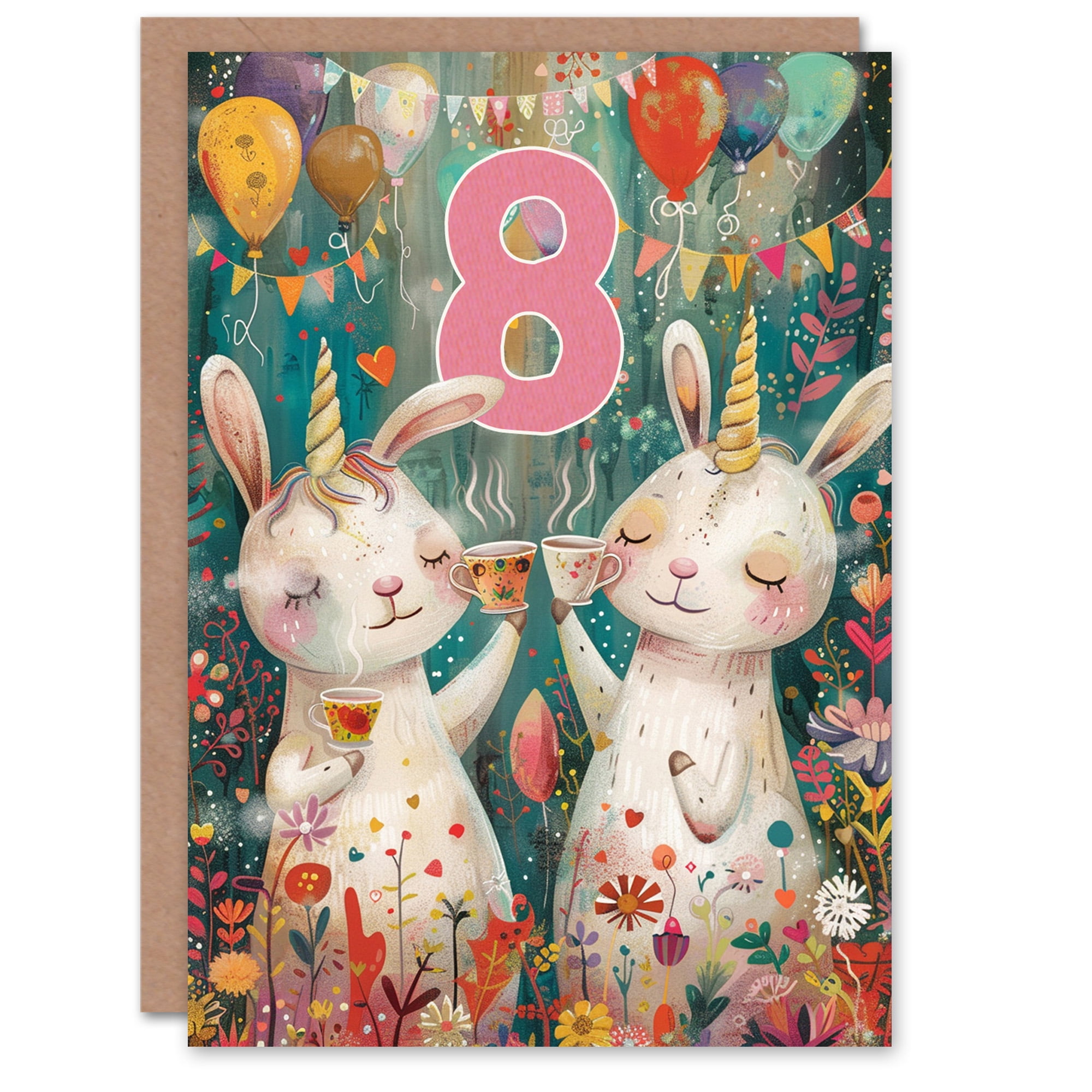 Artery8 Birthday Card Cute Bunny Rabbit Unicorn Balloons Forest Party 8th 8 Year Old For Child Kids Son Daughter Greeting Card