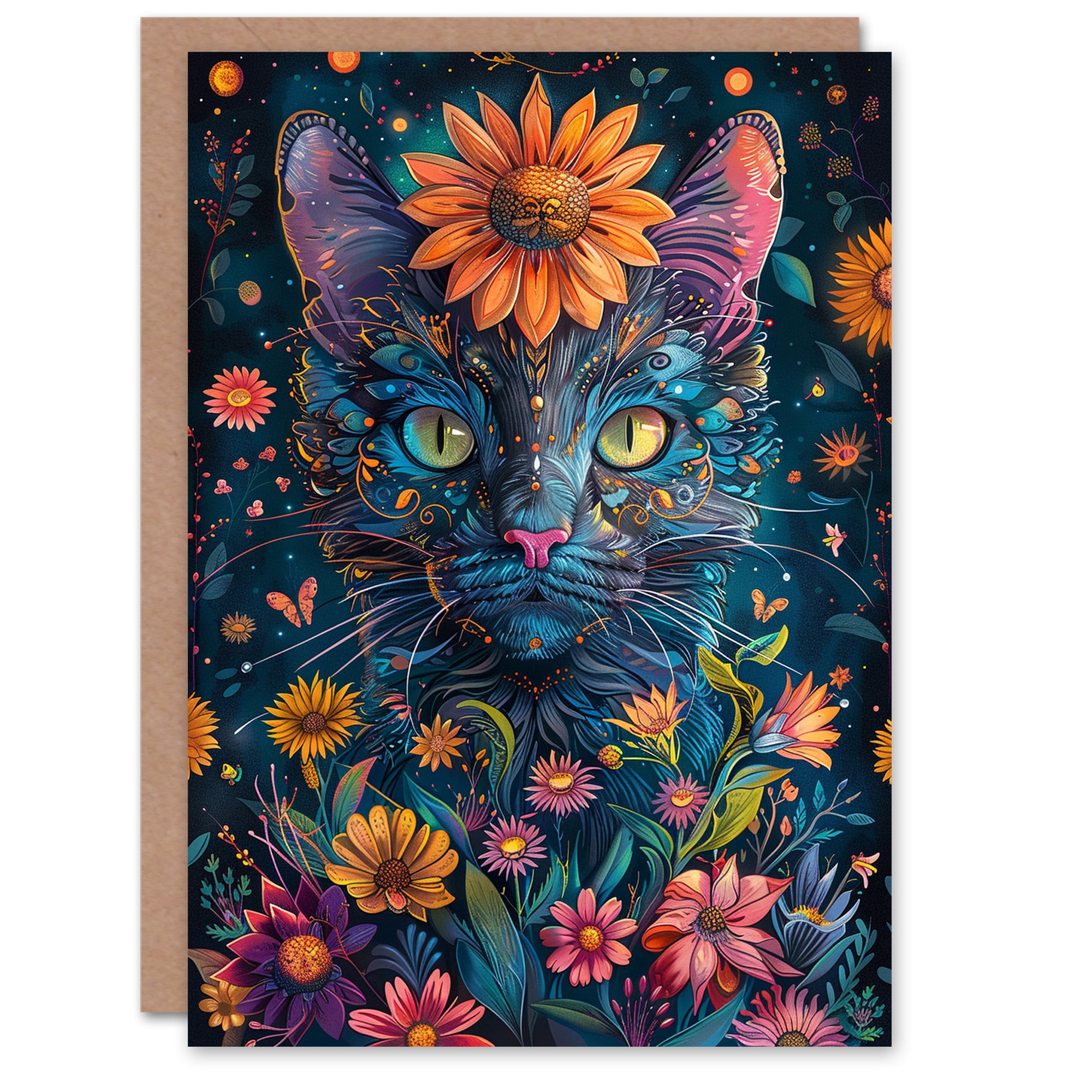 Artery8 Greeting Card Black Cat in Doorway Rustic Yellow