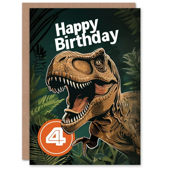 Artery8 Birthday Card Jurassic Dinosaur Roaring T-Rex Jungle 4th 4 Year Old For Child Kids Son Daughter Greeting Card