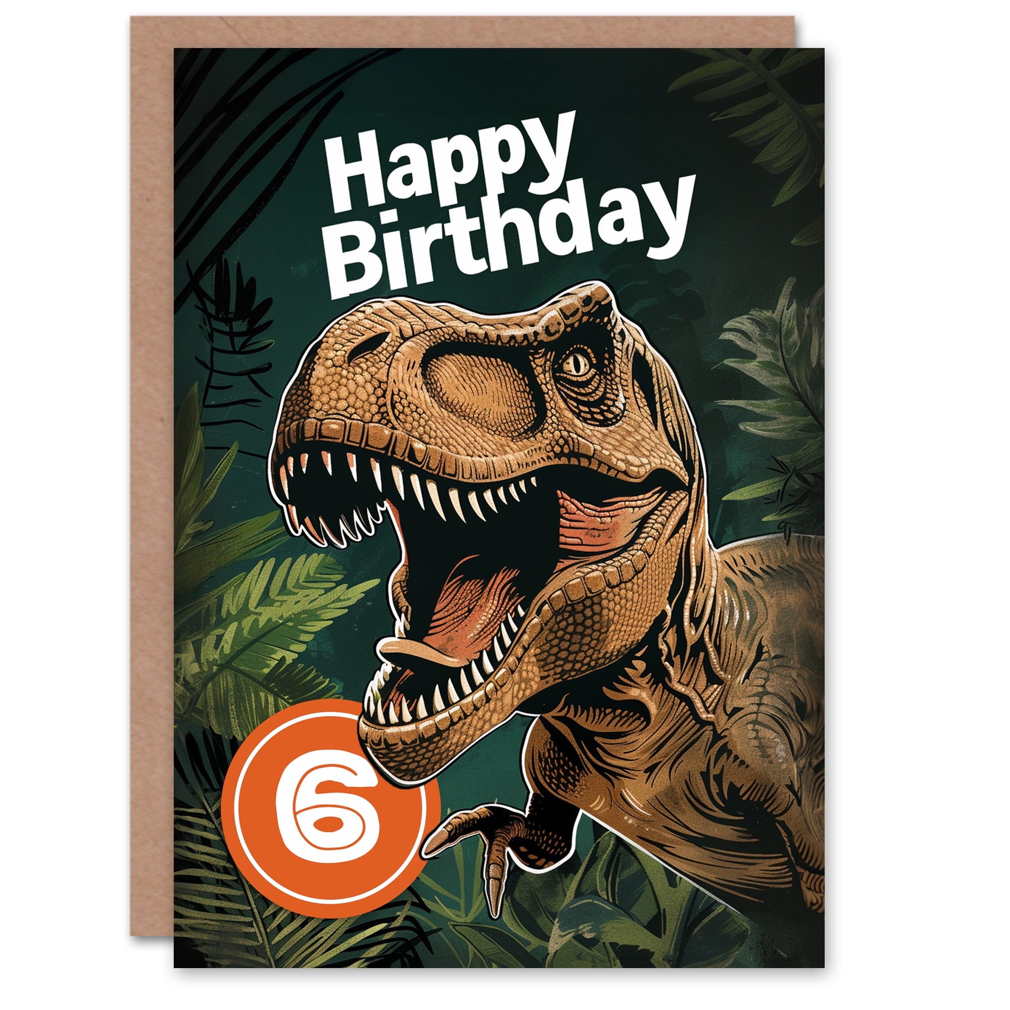 Artery8 Birthday Card Jurassic Dinosaur Roaring T-Rex Jungle 6th 6 Year Old For Child Kids Son Daughter Greeting Card