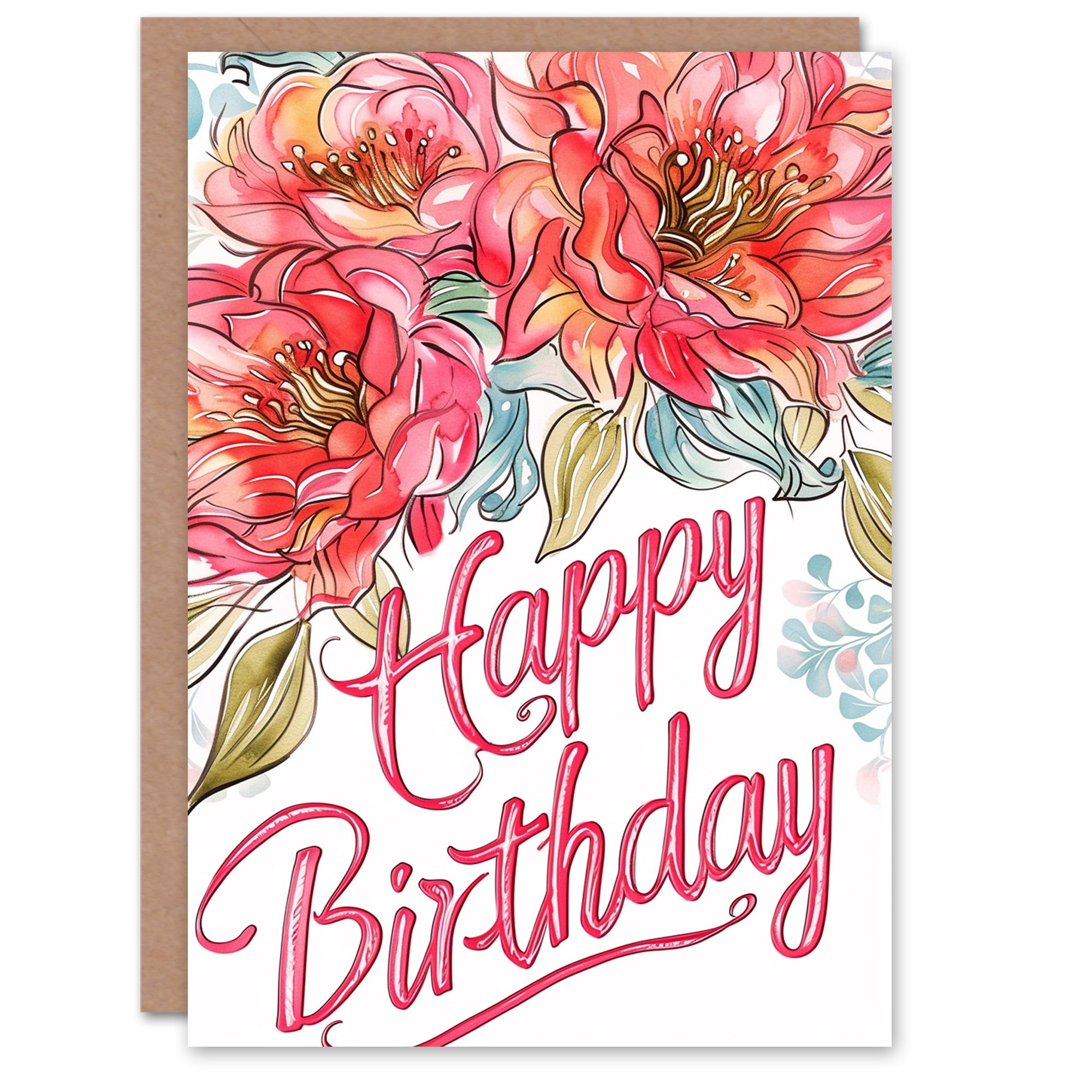 Artery8 Biglietto D'Auguri Con Gatto Bianco E Fiore Rosso - Design Per Lei, Nonna, Sorella, Figlia, Moglie - 17,5x12,5 Cm Con Busta - 2