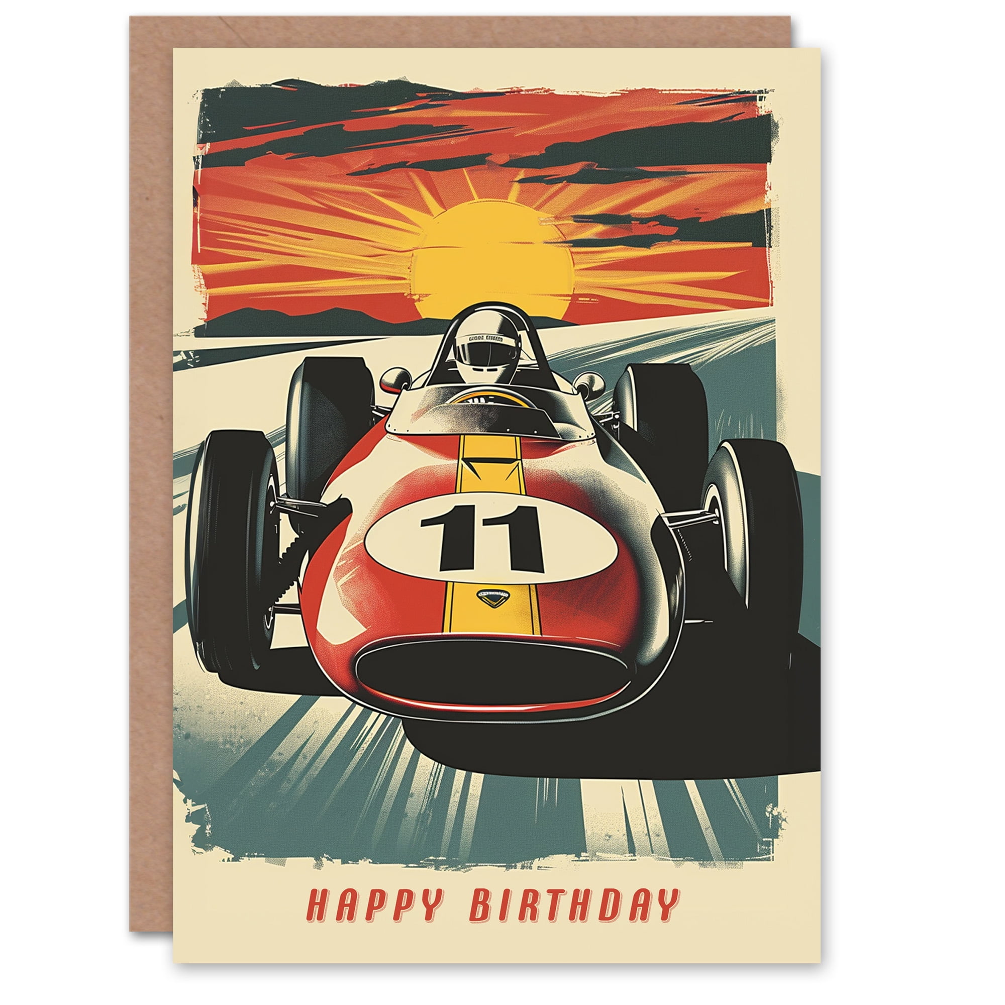 Artery8 Birthday Card Race Car Sunset Racing Age 11 Motorsport Eleven Year Old For Child Kids Greeting Card