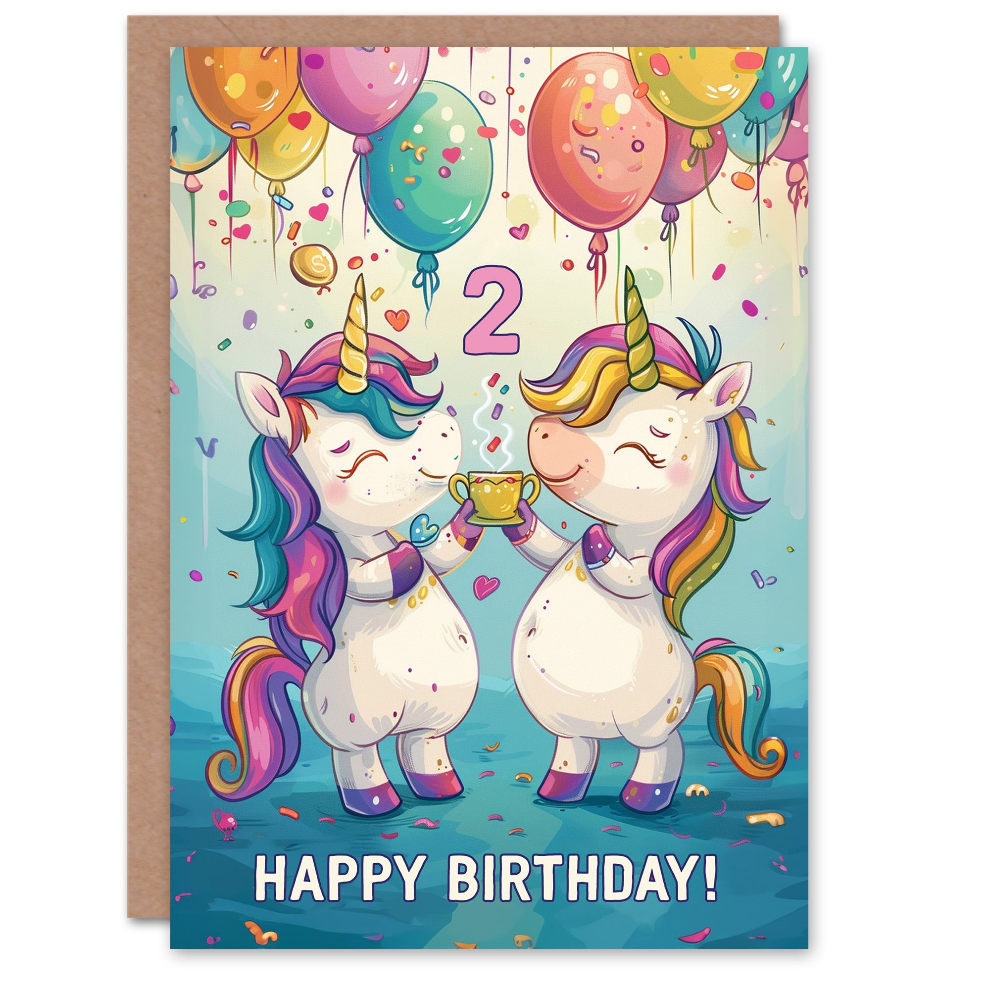 Artery8 Birthday Card Rainbow Unicorn Party Balloons Cartoon Cute 2nd 2 Year Old For Child Kids Son Daughter Greeting Card