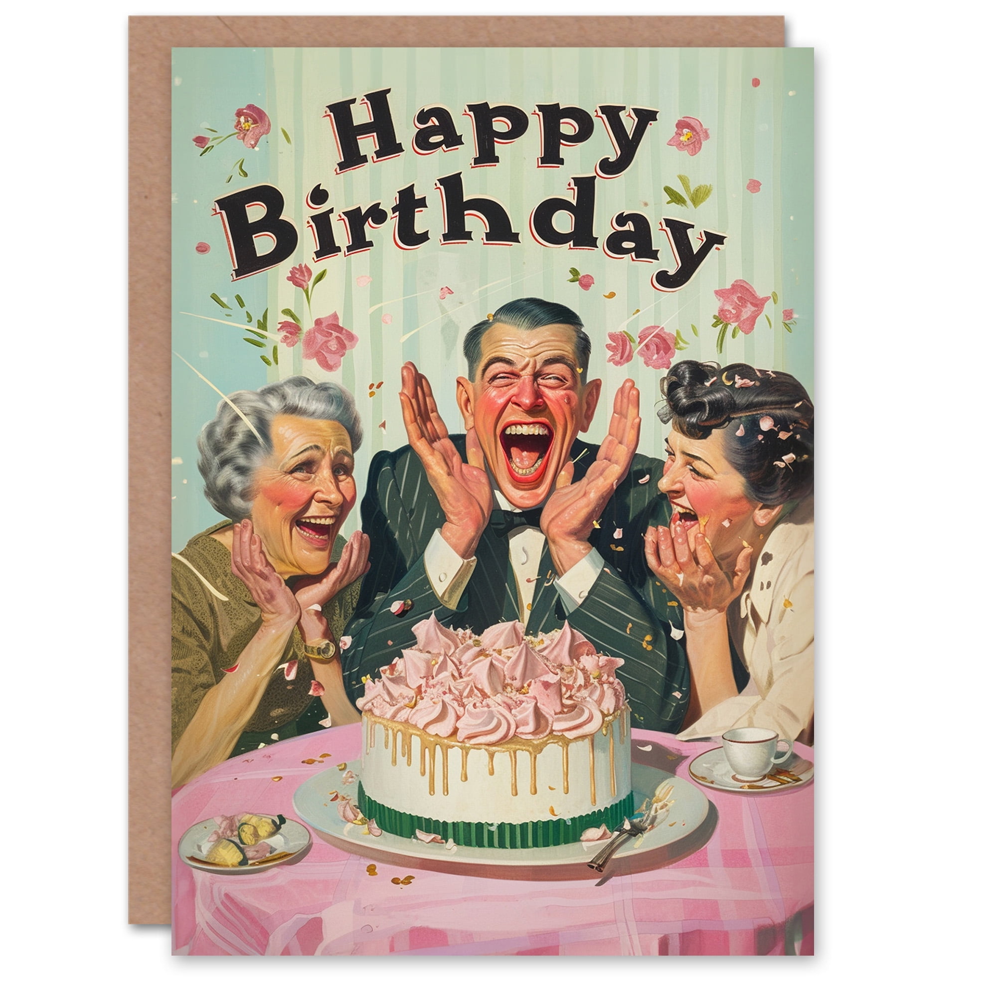 Artery8 Birthday Card Retro Vintage Birthday Cake Party Fun For Him Her Man  Woman Greeting Card, image size:2000x2000