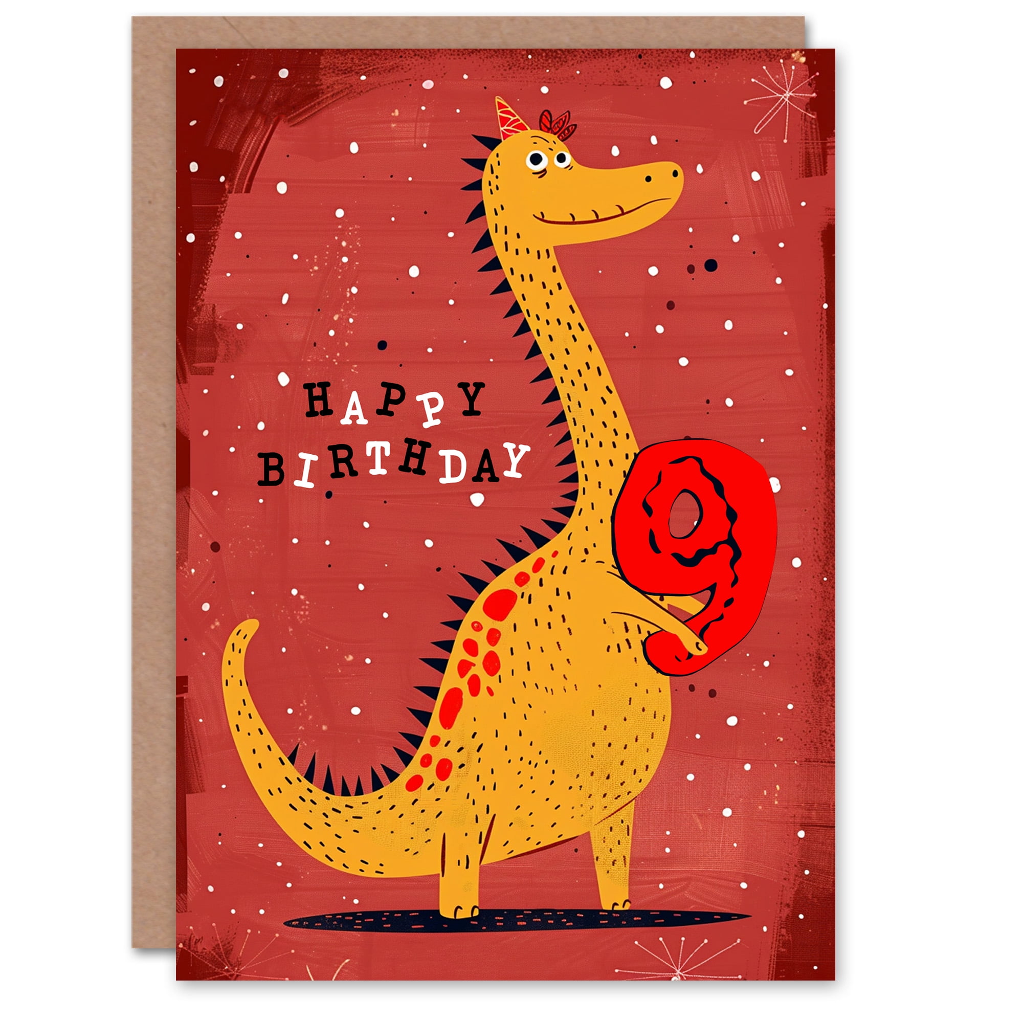 Artery8 Birthday Card Spiky Yellow Red Dinosaur Cartoon Cute 9th 9 Year Old For Child Kids Son Daughter Greeting Card