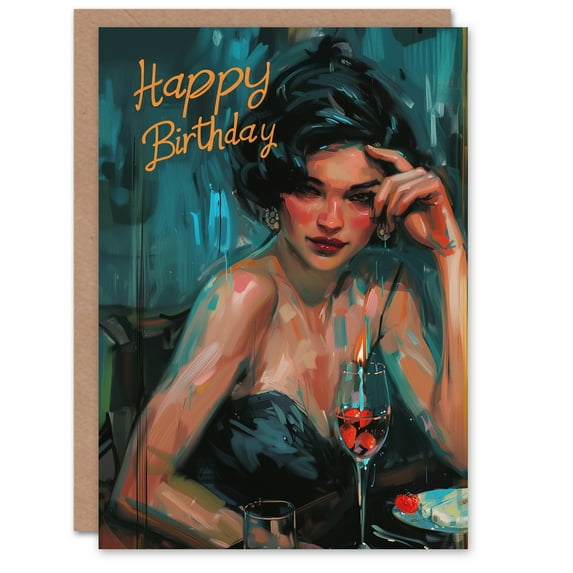 Artery8 Birthday Card Sultry Woman With Wine Sexy Oil Painting For Him Her Man Woman Greeting Card