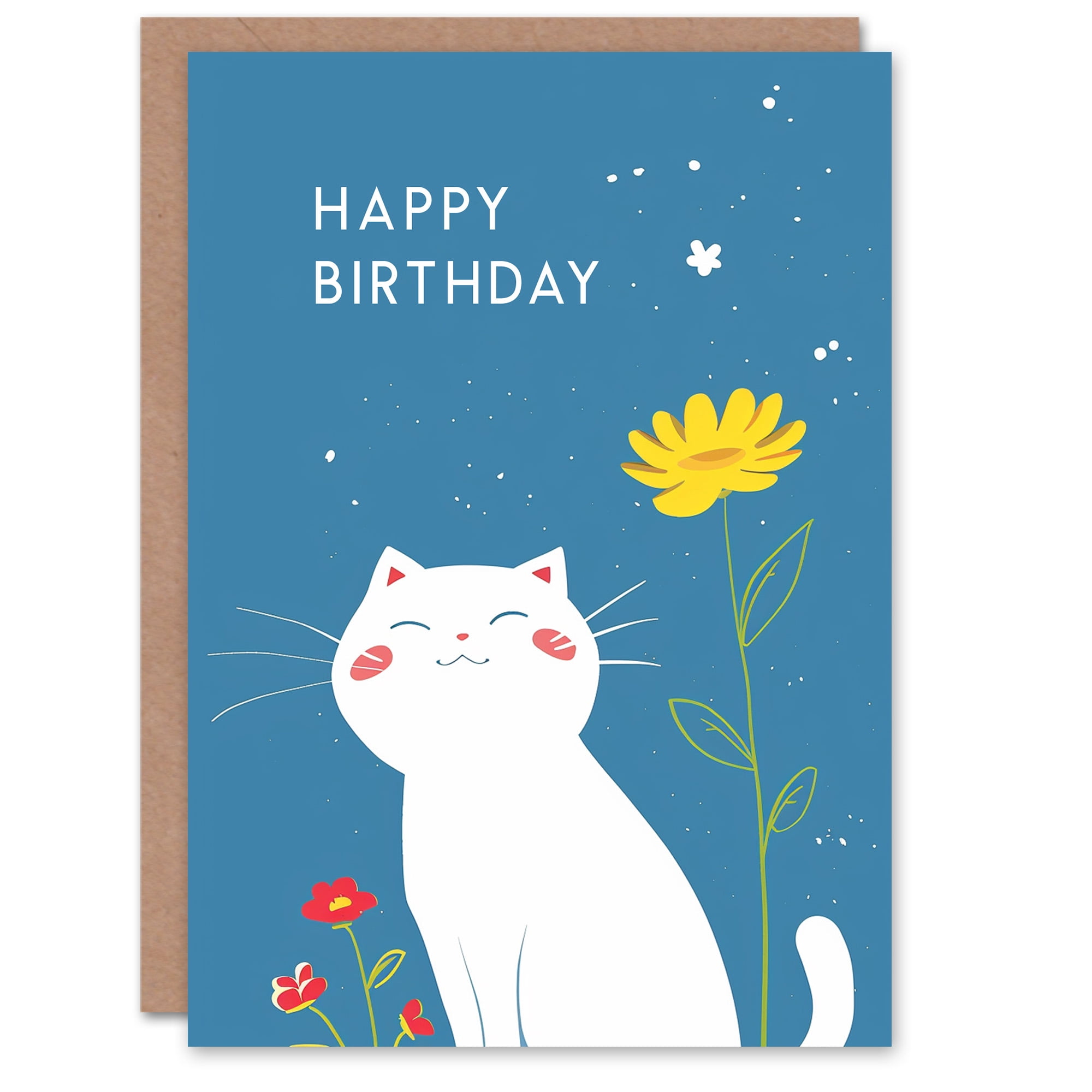 Artery8 Biglietto D'Auguri Con Gatto Bianco E Fiore Rosso - Design Per Lei, Nonna, Sorella, Figlia, Moglie - 17,5x12,5 Cm Con Busta - 3