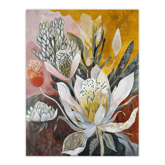 Artery8 Blooming Lotus Flowers Muted Tones Folk Art Living Room Extra Large XL Wall Art Poster Print