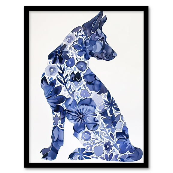 Artery8 Blue German Shepherd Floral Pattern Watercolour Living Room Artwork Framed Wall Art Print A4