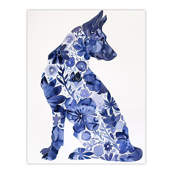 Artery8 Blue German Shepherd Floral Pattern Watercolour Living Room Extra Large XL Wall Art Poster Print