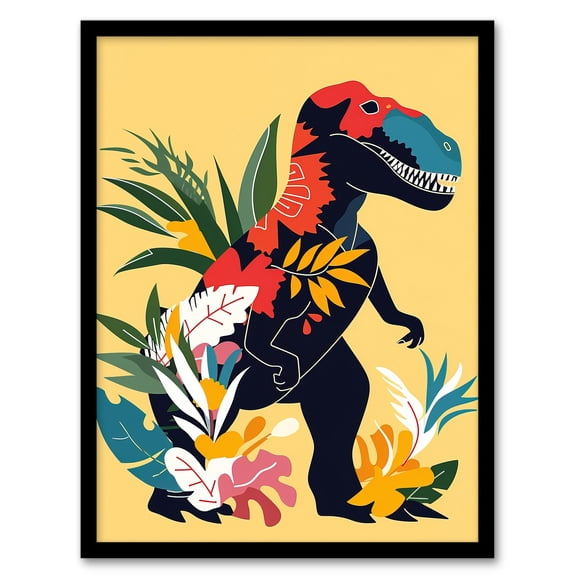 Artery8 Boho T Rex Dinosaur Plants Graphic Collage Living Room Artwork Framed Wall Art Print A4