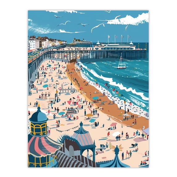 Artery8 Brighton Pier Beach Holiday Colourful Painting Living Room Unframed Wall Art Print Poster Home Decor Premium
