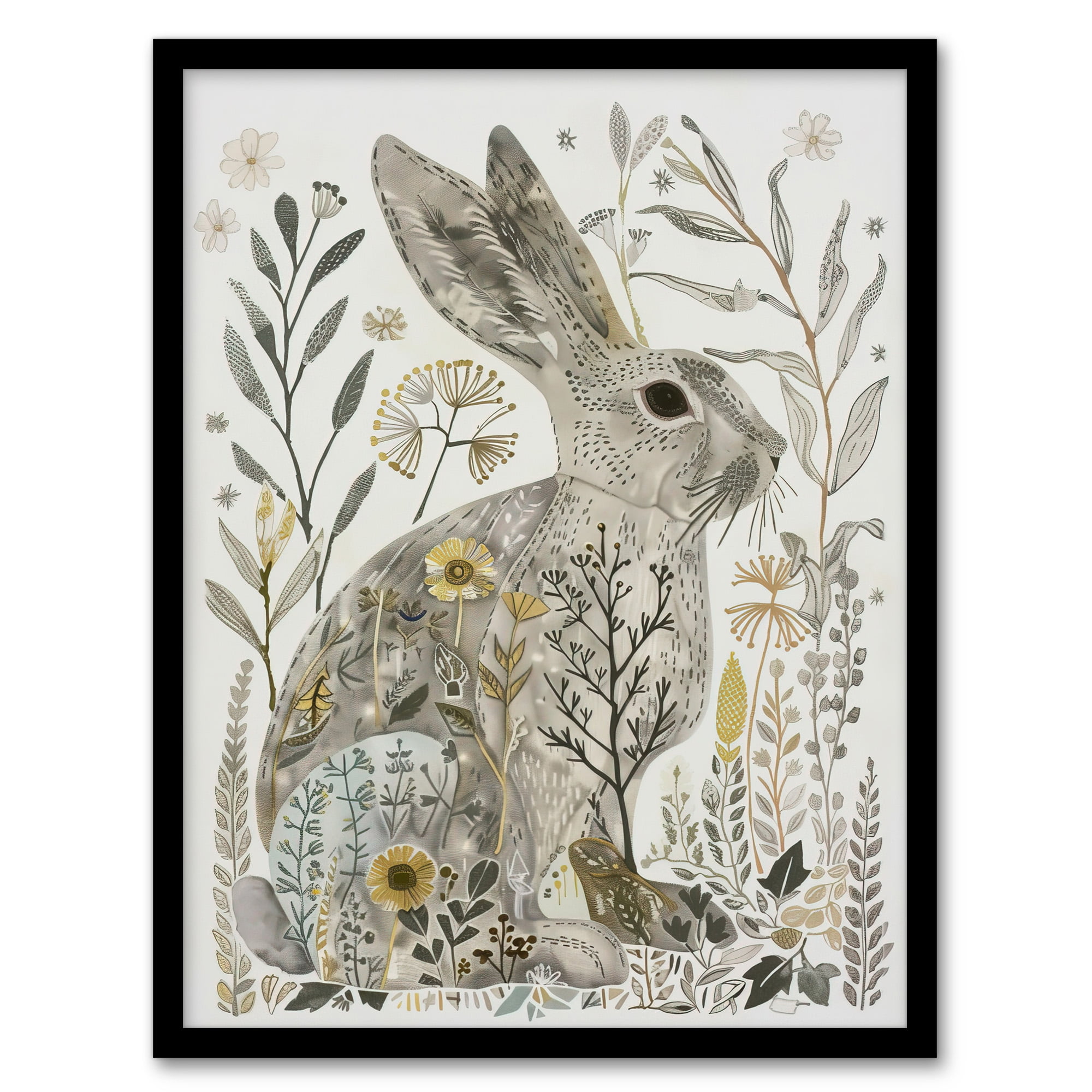 Artery8 Bunny Rabbit Flowers Grey Yellow Bright Folk Art