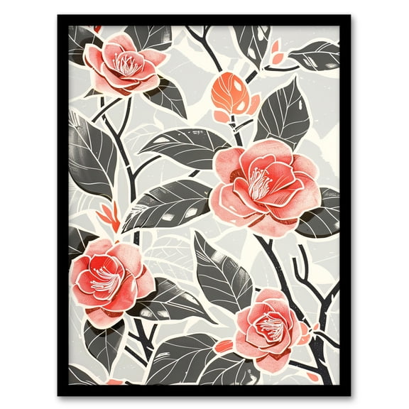 Artery8 Camellia Flowers Pink Blue Contrast Botanical Living Room Artwork Framed Wall Art Print A4