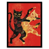 Artery8 Cat Fight Fun Lover Red Black Japanese Style Living Room Bathroom Art Print Framed Poster Wall Decor 12x16 inch