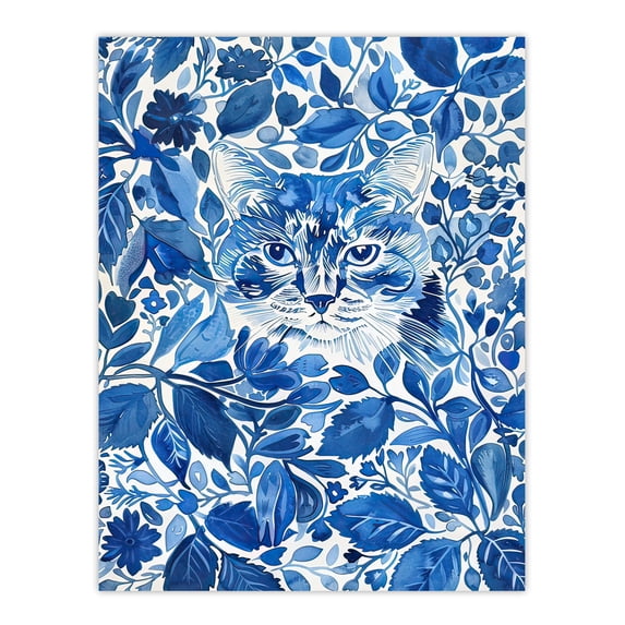 Artery8 Cat Lover Floral Blue China Pattern Watercolour Living Room Unframed Wall Art Print Poster Home Decor Premium