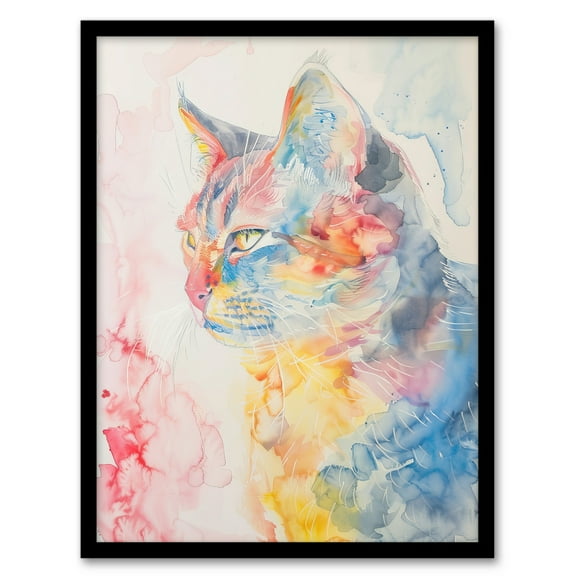 Artery8 Cat Lover Pastel Rainbow Watercolour Portrait Living Room Art Print Framed Poster Wall Decor 12x16 inch