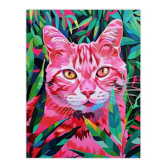 Artery8 Cat Lover Pet in Fronds Psychedelic Pink Green For Living Room Large Wall Art Poster Print Thick Paper 18X24 Inch