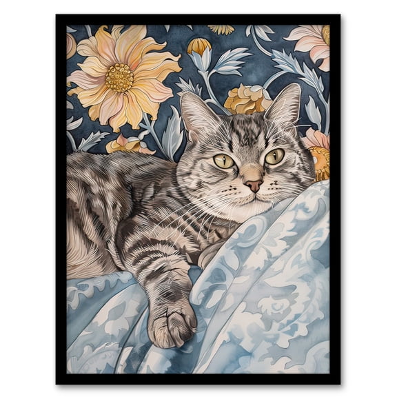 Artery8 Cat Lover Tabby Moggie Elegant Floral Portrait Living Room Art Print Framed Poster Wall Decor 12x16 inch