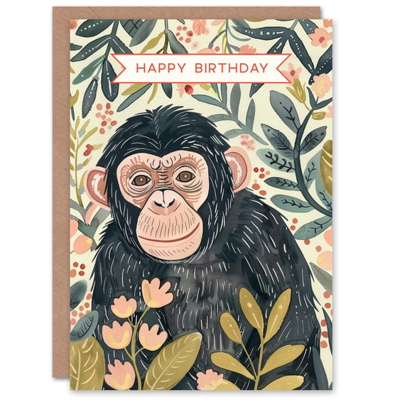 Artery8 Chimpanzee Ape Monkey in Floral Jungle Watercolour Blank For Him Or Her Art Birthday Card