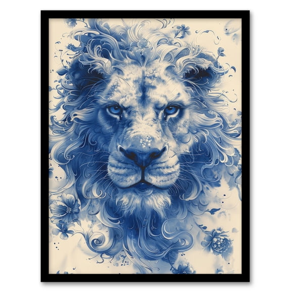 Artery8 Chinese Porcelain Lion Blue Flowers Watercolour For Living Room Art Print Framed Poster Wall Decor 12x16 inch