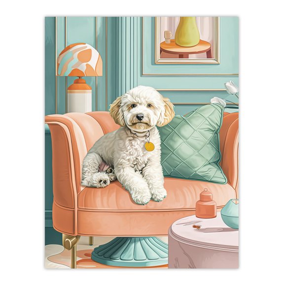 Artery8 Cockapoo Dog Lover Pink Armchair Pet Portrait For Living Room Unframed Wall Art Print Poster Home Decor