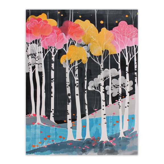 Artery8 Colourful Birch Tree Forest River Bank Landscape Living Room Unframed Wall Art Print Poster Home Decor Premium