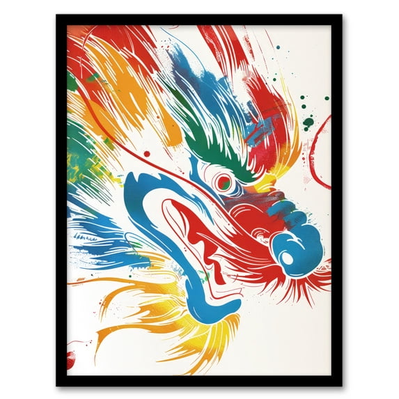 Artery8 Colourful Chinese Dragon Head Bright Painting For Living Room Artwork Framed Wall Art Print A4