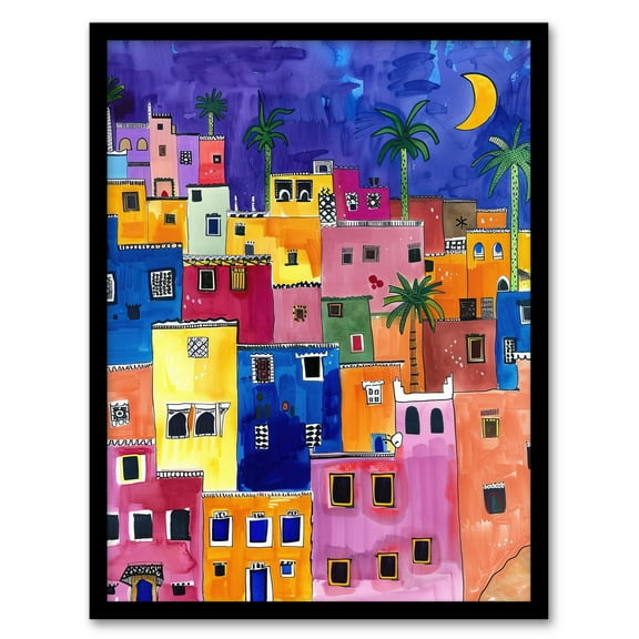 Artery8 Colourful Moroccan Cityscape At Night Watercolour Living Room Art Print Framed Poster Wall Decor 12x16 inch