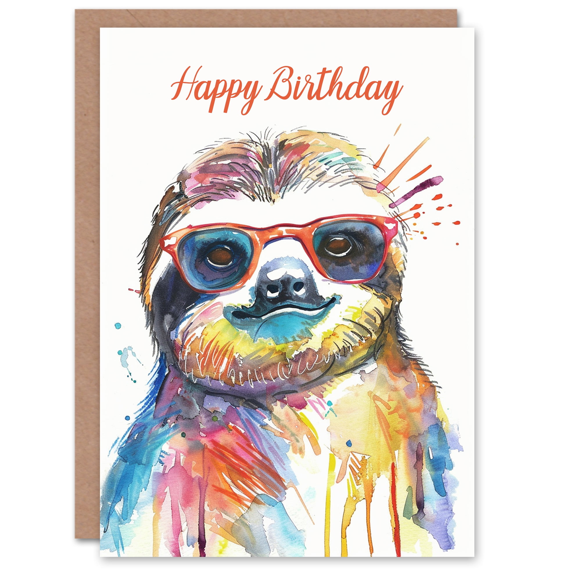 Artery8 Colourful Smiling Sloth Sunglasses Watercolour Blank For Him Or Her Art Birthday Card