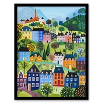 Artery8 Colourful Townscape Church in Spring Folk Art For Living Room Art Print Framed Poster Wall Decor 12x16 inch