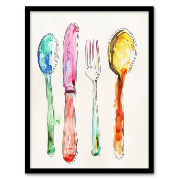 Artery8 Colourful Watercolour Cutlery Spoons Knife Fork Kitchen Artwork Framed Wall Art Print A4