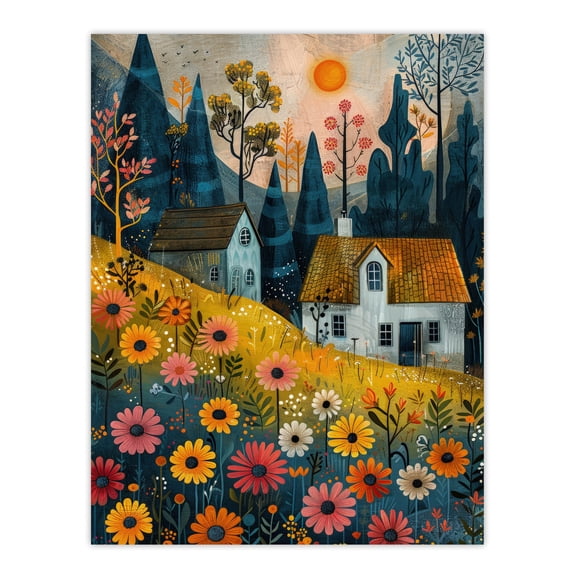 Artery8 Countryside Spring Hill House Daisy Flowers For Living Room Unframed Wall Art Print Poster Home Decor